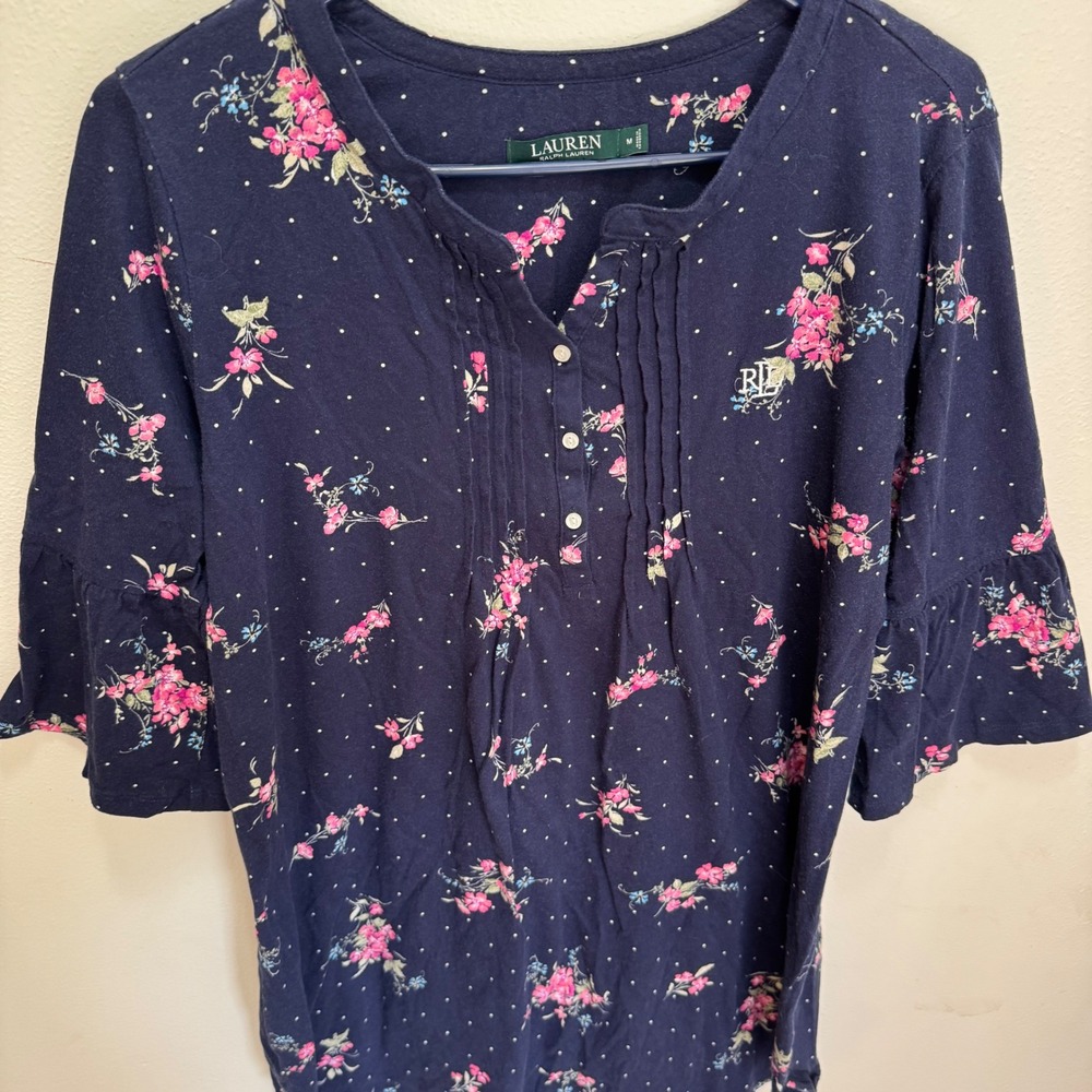 Lauren Ralph Lauren Navy Floral Polka Dot Henley Bell Sleeve Sleep Shirt M - Picture 7 of 9